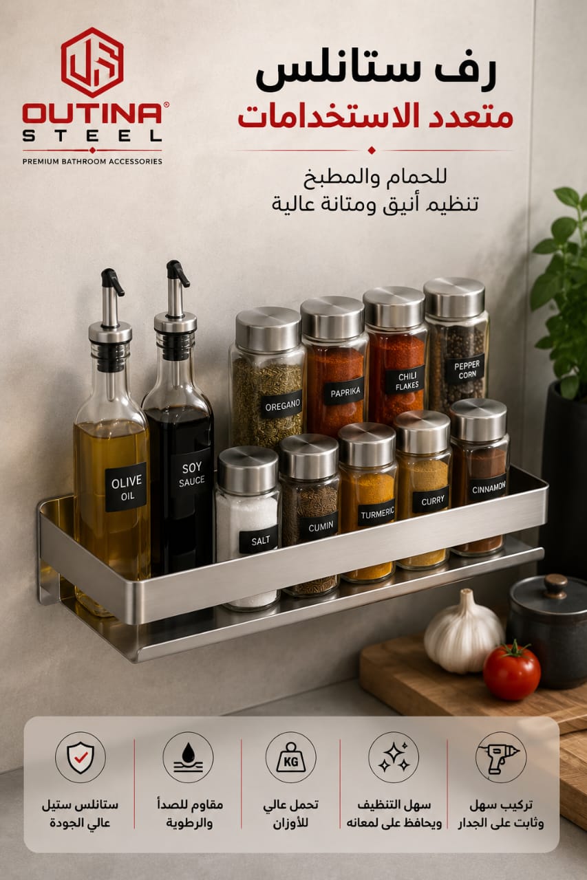 رف جداري ستانلس ستيل 304 متعدد الاستخدامات | OUTINA STEEL